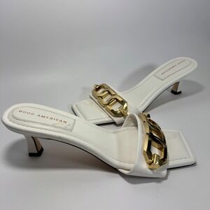 Good American White Heels Chain Detail Mule Slides Made in Spain Size 9